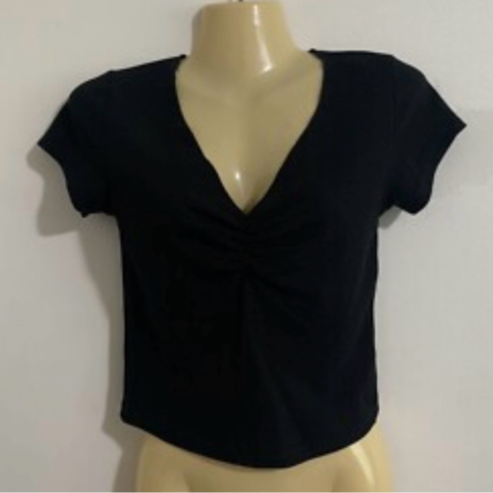 Wild Fable Black Short Sleeve Cinch Front V-Neck Cropped T-shirt Size XL NWOT